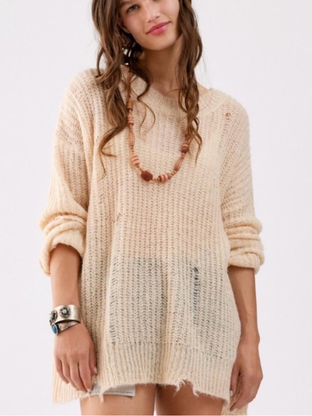 Urban Outfitters Alston Distressed Pullover Sweater - Cream